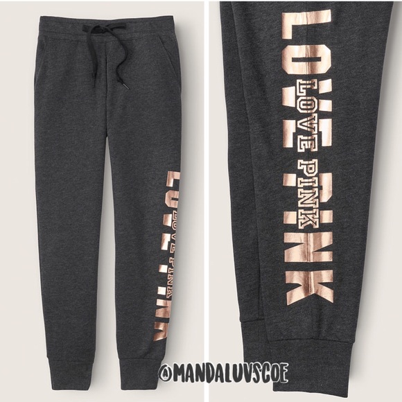 💗VS PINK GREY & ROSE GOLD FOIL SHINE LOGO JOGGERS - Picture 1 of 11